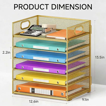6 Tiers Letter Tray Paper Organizer with Handle, Mesh Desk File Organizer, Metal Desktop Document Shelf Organization, Paper Sorter Organizer for Office, Home or School File Folder Holder (Gold)