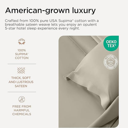 Threadmill Supima Cotton Queen Sheet Set, 1200 Thread Count Queen Sheets for Queen Mattresses, 4 Piece American Luxury Bed Sheets, Sateen Hotel Quality Sheets with Elasticized Deep Pocket, Taupe