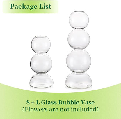 Glass Bubble Vases for Flowers, Hewory 2pcs Clear Unique Cute Single Flower Vase for Centerpieces, Funky Aesthetic Vase Skinny Bud Vase, Cool Groovy Decor for Home Living Room Bedroom Office Tabletop
