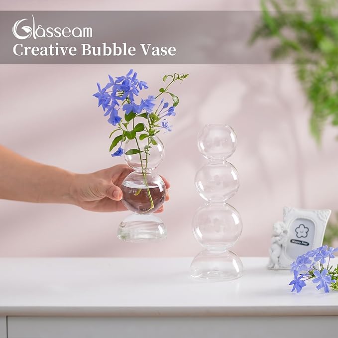 Glasseam Unique Small Flower Vase, Cute Blown Glass Vases for Flowers, Modern Ball Bubble Clear Bud Vases - Decorative Round Single Flower Vase for Home Decor