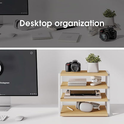 Fenge Desk Shelf Organizer, 4 Tier Desktop Shelf, Wood and Metal Office Shelves, Corner File Organizer for Office Supplies, Top of Desk Organizers and Accessories