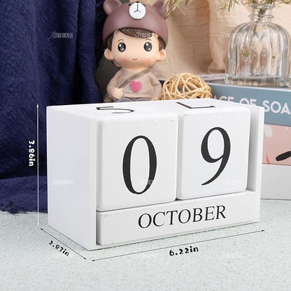 AUEAR, Wooden Block Perpetual Desk Calendar Desktop Cube Rustic Chic Number for Home Office Decoration Large (White)