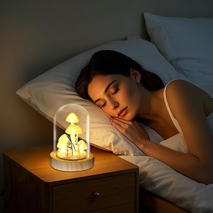 QUELIEN Christmas Mushroom Lamp in Glass Dome,Mushroom Gifts for Women - Warm White LED Night Light for Bedroom Decor,Unique Gifts for Women, Housewarming Birthday Decorations