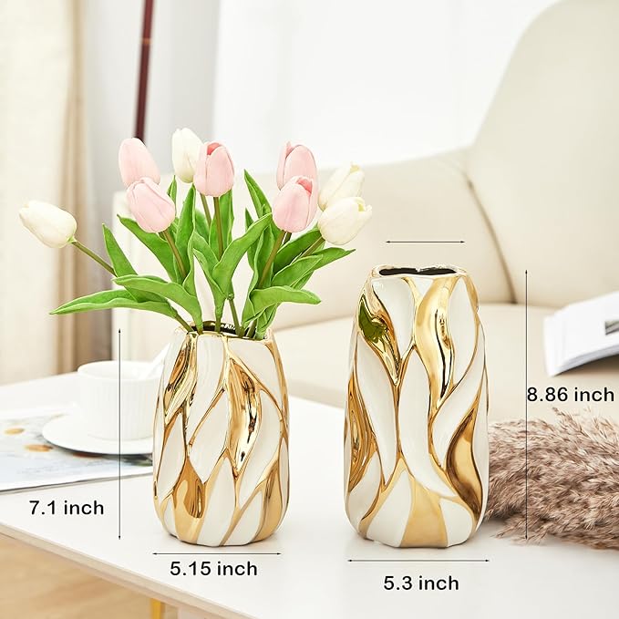 Cream White Ceramic Vase for Flowers, Gold Flower Vase Modern Home Decor, Small Ceramic Vase for Pampas Grass Decorative Vase, for Farmhouse Coffee Table Bookshelf (Large)