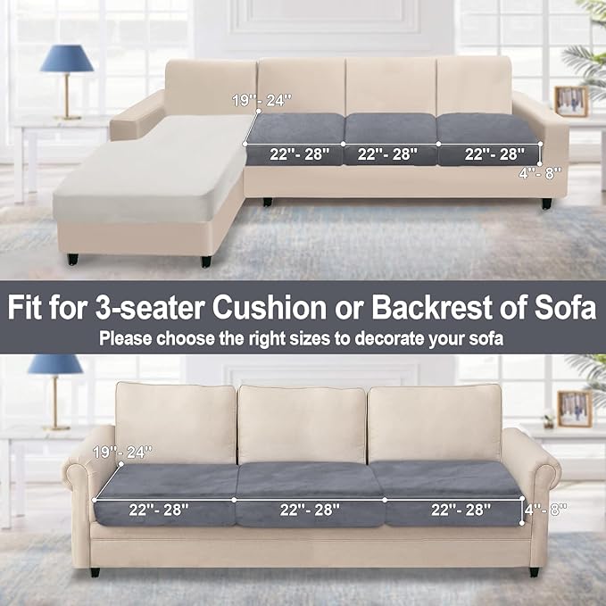 NAISI Couch Cushion Covers 3 Pieces Velvet Stretch Sofa Seat Covers or Backrest Covers Soft Individual Couch Covers for Sectional Sofa(3 Pcs for 3-Seat Cushion,Dark Grey)
