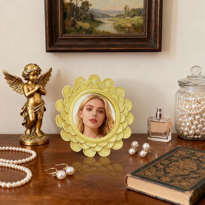 6.5" Vintage Vanity Makeup Desk Mirror, Small Gold Round Mirror for Table, Antique Scallop Edged Wall Mirror Decorative for Living Room Bedroom Dressing Tabletop