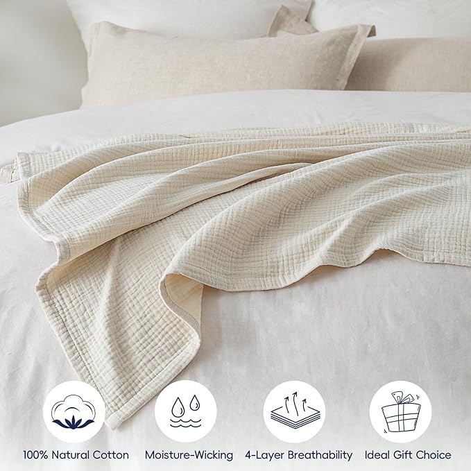 PHF 100% Cotton Muslin Throw XL Blanket Large 50" x 70", 4-Layer Lightweight Gauze Throw, Breathable Cloud-Soft Minimalist Blanket for Bed, Couch, Camping & Baby, Oat Milk, Ideal Gift