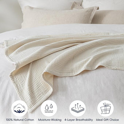 PHF 100% Cotton Muslin Throw XL Blanket Large 50" x 70", 4-Layer Lightweight Gauze Throw, Breathable Cloud-Soft Minimalist Blanket for Bed, Couch, Camping & Baby, Oat Milk, Ideal Gift