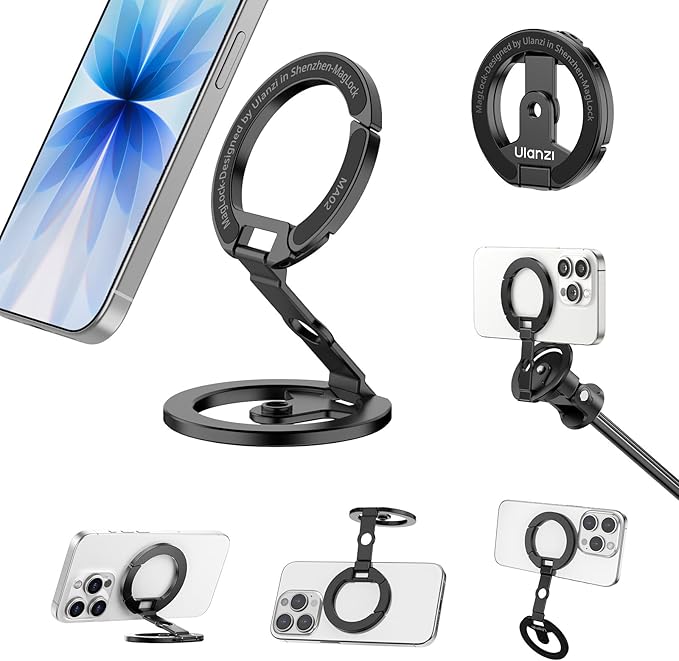 ULANZI MA02 Dual Magnetic Ring Phone Grip Stand, Aluminum for MagSafe Gym Kickstand Compatible with iPhone 17-12 Series, Foldable Phone Tripod Mount with 1/4" Screw for Live Streaming Vlog