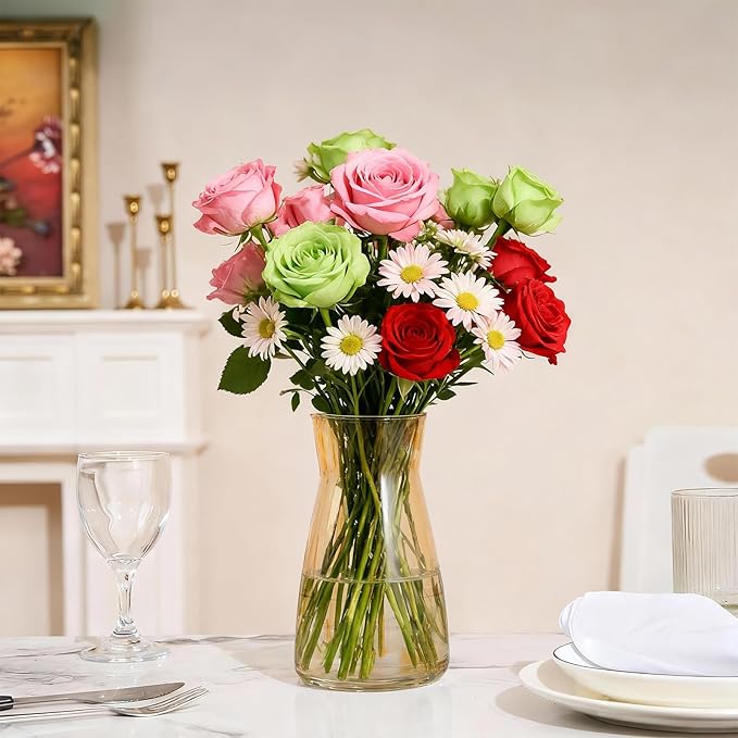 Modern Clear Glass Vase for Centerpiece Table Home Indoor Desk Decor, Decorative Flower Vases for Wedding Reception, Home Decor, Housewarming Gift (Amber)
