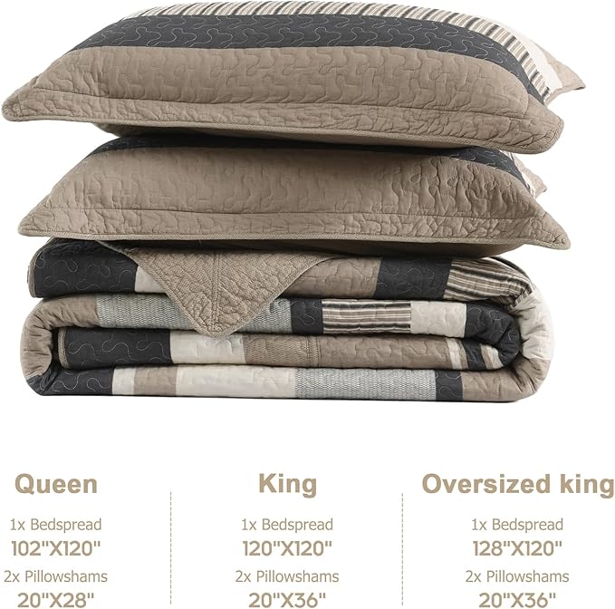 Finlonte Bedspread King Size 100% Cotton Oversized King Size Bedspreads Charcoal Brown Beige Extra Super King Quilted Bed Spread Striped Farmhouse Lightweight Soft Bedding Set for All Season, 3 Piece