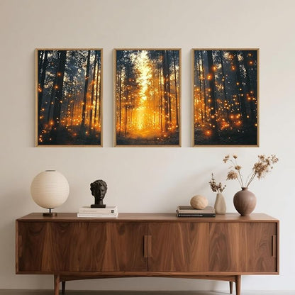 Magical Firefly Forest Framed Canvas Wall Art Set,Enchanted Night Nature Mystical Woodland Wall Decor,Whimsical Orange Twinkling Black Tree Art Print for Living Room, Bedroom, Office- 24"x36"x3