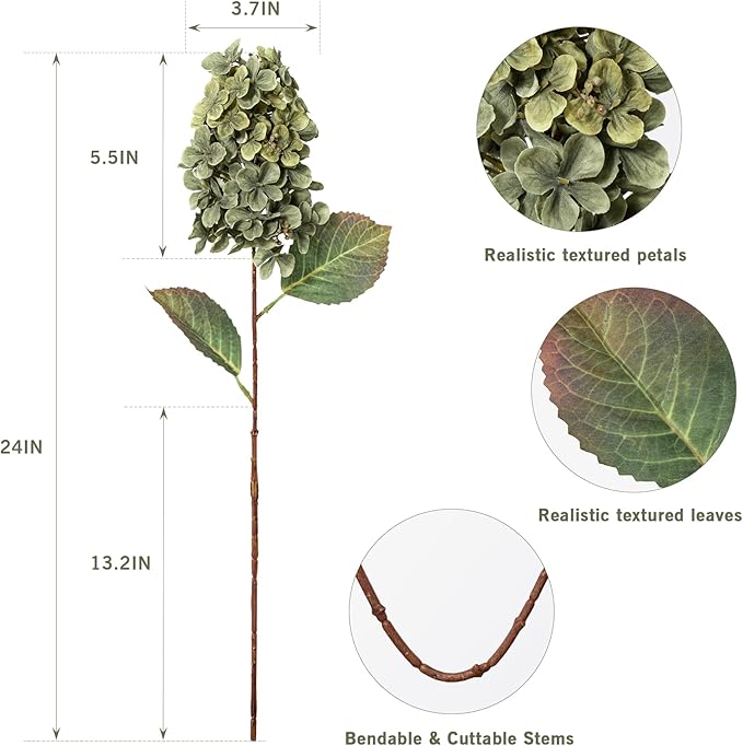 Green Hydrangea Artificial Flowers,Fake Fall Flowers Silk Hydrangea with Stems,Fall Faux DIY Floral for Table Vase,Hydrangeas Bouquet Indoor and Outdoor Decoration 24"（ Green） 8pcs No Vase