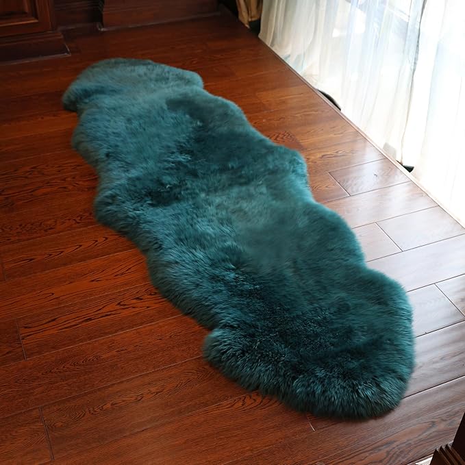 Genuine Sheepskin Rug New Zealand Fluffy Lambskin Rug, Natural Luxury Sheepskin Throw for Bedroom Living Room Children's Room - Premium Area Rug Chair Cover (2×6 Feet, Dark Teal Blue)