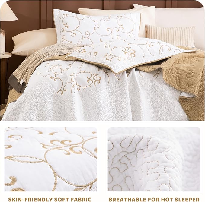 Sanracie Oversized King Quilt 128"x120",100% Cotton California King Bedspreads Extra Large Lightweight Embroidery Pattern Bedding Coverlet Set 3Pcs Gold and White Quilted Bedding Set All Season
