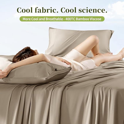 Shilucheng 100% Viscose Derived from Bamboo_ Sheets Cal King Size 4pcs - Ultra Cooling & Silky Soft Bed Sheets, 16" Deep Pocket, Perfect for Hot Sleepers, Hotel Bedding Sheets (Simply Taupe)