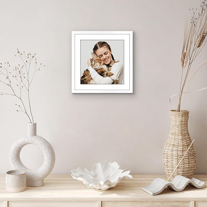 Americanflat 10x10 Picture Frame with Shatter-Resistant Glass - Use as 8x8 Frame with Mat or Display 10x10 Photo Without Mat - Streamline Collection - Square Frames for Tabletop or Wall - White