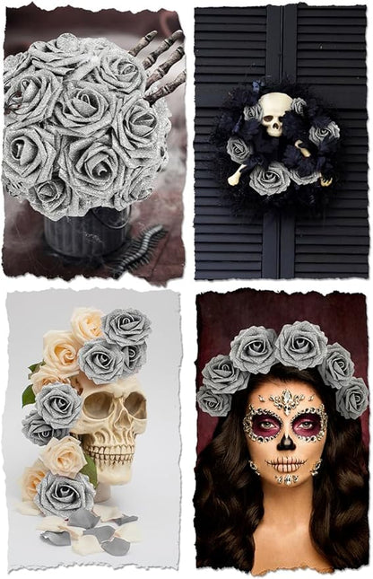 N&T NIETING Artificial Flowers Glowing Silver Flowers Foam 25pcs Glitter Roses Real Looking Fake Roses with Stem for DIY Wedding Bouquets Centerpieces Bridal Shower Party Home Decorations