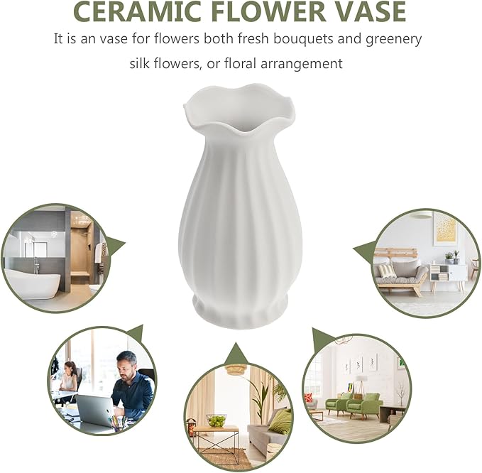 Garneck Ceramic Flower Vase Matte White Decorative Flower Holder Artistic Vase for Home Office Desktop Indoor Floral Arrangement