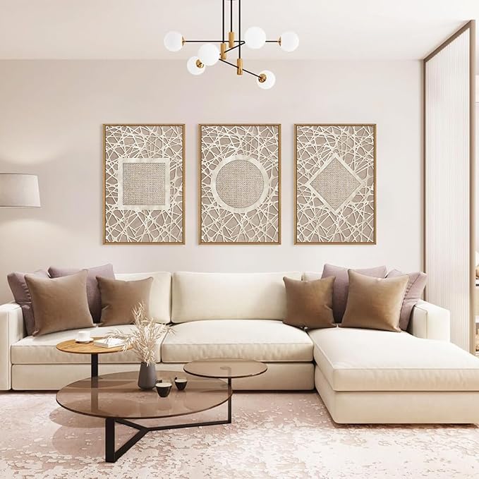 Large Boho Neutral Geometric Framed Canvas Wall Art,Modern Circle Square and Rhombus Wall Decor,Minimalist Shapes Artwork,Abstract Mid Century Art Print For Living Room,Bedroom,Office-24"x36"x3