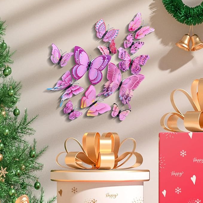 Somotersea 24pc 3D Butterfly Wall Decor - Removable Butterfly Decals for Girls Room & Birthday Parties - Pink