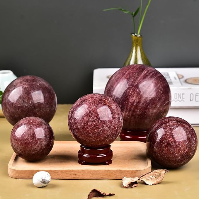 JIC Gem Large Red Healing Crystal Ball Red Strawberry Crystal Sphere with Stand Crystal Decorative Ball Home Decoration (110-120mm)