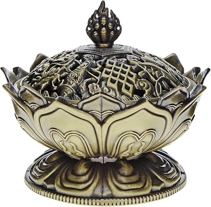Saim Vintage Lotus Incense Burner Holder,Chinese Buddha Alloy Metal Incense Burner Incense Holder Handmade Censer Bowl Buddhist Decor, Home Decoration-Large-Bronze