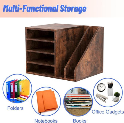 Wood Desk Organizer File Holder, Wooden Mail Organizer Countertop with Adjustable Compartments, Desktop File Organizer Paper Sorter for Home, Office and School, Envelope Organizer, Brown