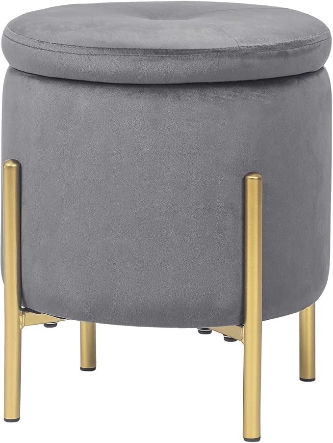Adeco Upholstered Tufted Round Storage Ottomans, Grey Modern Velvet Footrest Ottomans with Storage for Couch