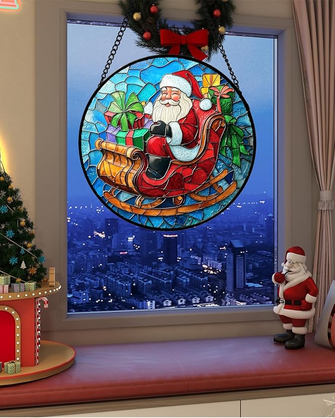 DASTOLL Stained Glass Window Hanging - Red Santa Claus Gift Box Suncatcher for Doors Home Christmas Decoration Winter Sun Catcher Thanksgiving New Year Birthday Gift for Women Men Mom Nana 9.8 in