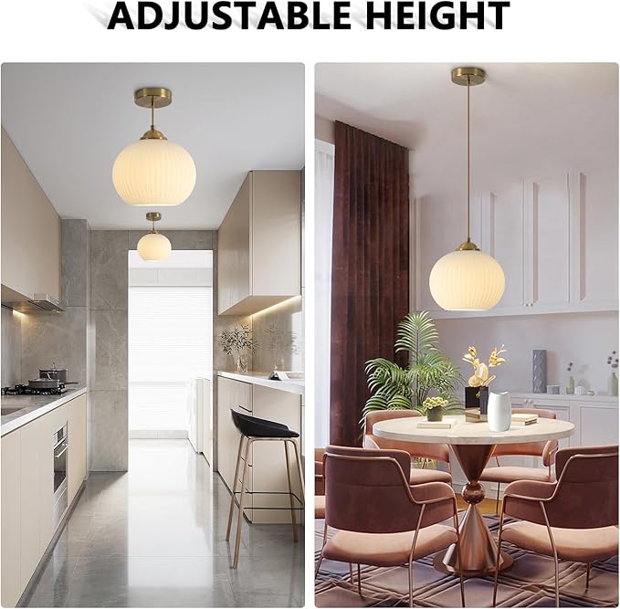 KCO Lighting Mid Century 1-Light Globe Pendant Light Industrial Vintage Brass Gold Pendant Lighting Fixture Kitchen Island Adjustable White Glass Hanging Ceiling Lights