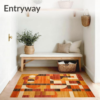 Flatwoven High Traffic Area Rug 5x7, Orange Rust Copper Abstract Geometric Shape, Non Slip, Stain Resistant, Washable Area Rugs for Living Room, Bedroom (Orange, 5x7)