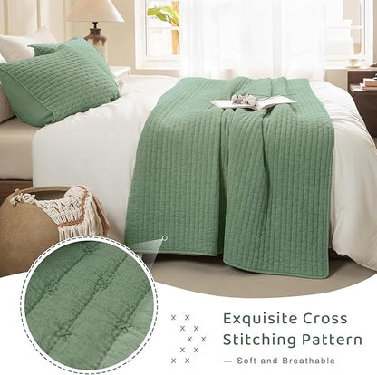Sanracie Cotton Oversized King Bedspread(128"x120"), Green Ultra Soft Stonewashed Extra Large Wide Oversized Quilt Sets Cross Stitch Lightweight Crinkle Coverlet Set 3Pcs for All Season