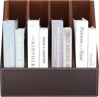 KINGFOM 4-Slot Wood Leather Document Files Holder Rack Stand Desk Files Organizer Papers Collection Cabinet (4 slot brown)