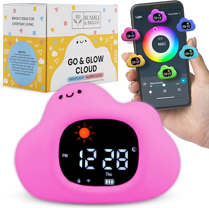App-Controlled Kids Sleep Trainer – Color-Changing Night Light Alarm Clock with Sounds, OK-to-Wake Toddler Clock, USB-C Corded with Backup Battery, Gift for Boys & Girls - Cloud Alarm Clock for Kids