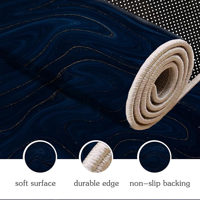 Luxury Marble Rug - 3x5 Rug, Navy Blue Marble Rugs, Modern Abstract Entryway Rugs, Washable & Non Slip Carpet Home Decor