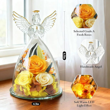 Valentines Day Roses Gifts for Women,Preserved Real Flowers Roses in Glass Angel Figurines,Valentines Day Gifts for Women Mom Wife Girlfriend./Yellow