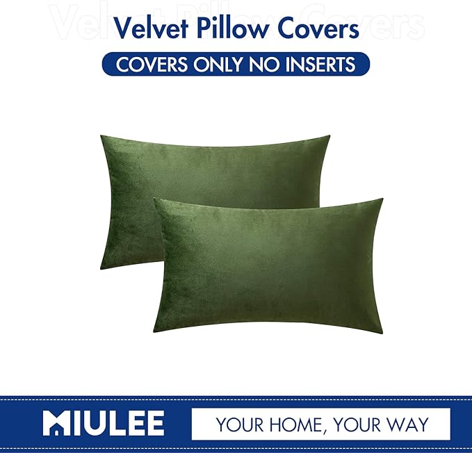 MIULEE Velvet Throw Pillow Covers 12x20 Inch, Pack of 2 - Moss Green, Soft Solid Lumbar Decorative Pillow Covers Modern Luxury Home Decor for Spring Couch Sofa Bedroom Livingroom