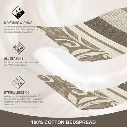 Lightweight Queen Bedspreads 120x102, 100% Cotton Oversized Quilt, Striped Botanical Pattern Coverlet, Reversible Farmhouse Quilted Bedding Set 3 Piece, Brown/Beige