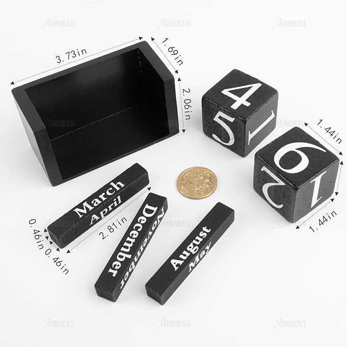 AUEAR, Wooden Block Perpetual Desk Calendar Desktop Cube Rustic Chic Number for Home Office Decoration (Black, 1 Pack)