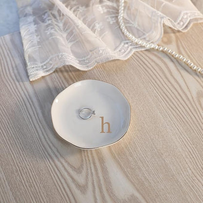 HOME SMILE Initials Ring Dish Jewery Tray with Personalized H-Monogrammed Engagement Wedding Gifts for Friends,Sister,Birthday Christmas Gifts for Women,Ceramic White