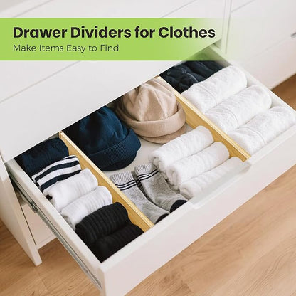 Drawer Divider, Adjustable Bamboo Kitchen Drawer Organizer, Spring Loaded Drawer Organizer, Dresser Separators for Kitchen, Bathroom, Clothes, Office Desk Storage (Natural, 8 Pack Large)