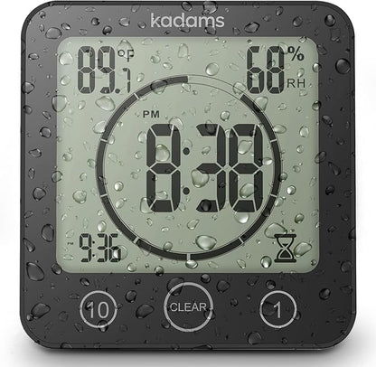 KADAMS Shower Clock Waterproof Bathroom Timer – Digital Wall Clock with Countdown, Magnetic Kitchen Clock with Temperature & Humidity, Suction Cup for Kids Shower Spa Cook Bath (Black)