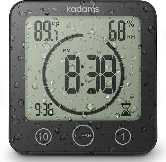 KADAMS Shower Clock Waterproof Bathroom Timer – Digital Wall Clock with Countdown, Magnetic Kitchen Clock with Temperature & Humidity, Suction Cup for Kids Shower Spa Cook Bath (Black)