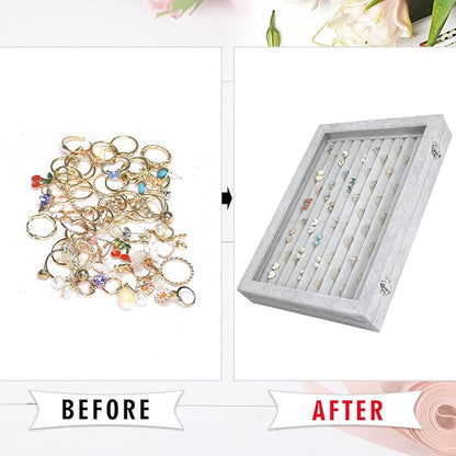 Rings Organizer Tray 10 Slots Velvet Ring Display Tray Insert Jewelry Earring Storage Box with Transparent Glass lid Can Hold 100 Rings Earrings Suitable for Girls and Women (Grey)