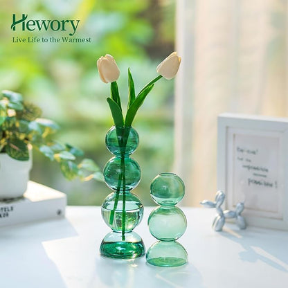 Glass Bubble Vases for Flowers, Hewory 2pcs Green Unique Cute Single Flower Vase for Centerpieces, Funky Aesthetic Vase Skinny Bud Vase, Cool Groovy Decor for Home Living Room Bedroom Office Tabletop