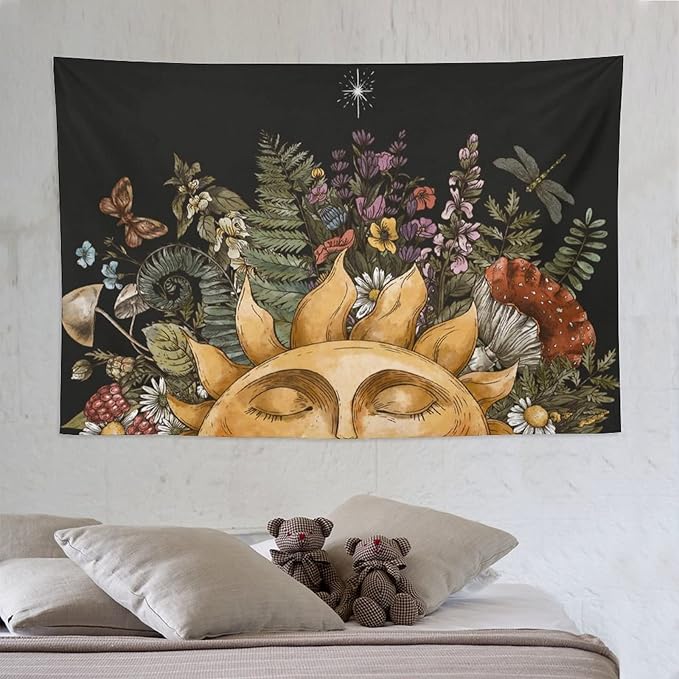 Vintage Sun Tapestry Wall Hanging,Hippie Boho Mushroom Floral Plant Tapestries for College Dorm Living Room Bedroom Decor(60"x90")