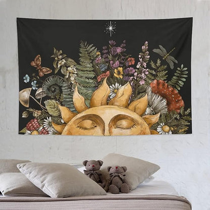 Vintage Sun Tapestry Wall Hanging,Hippie Boho Mushroom Floral Plant Tapestries for College Dorm Living Room Bedroom Decor(60"x90")