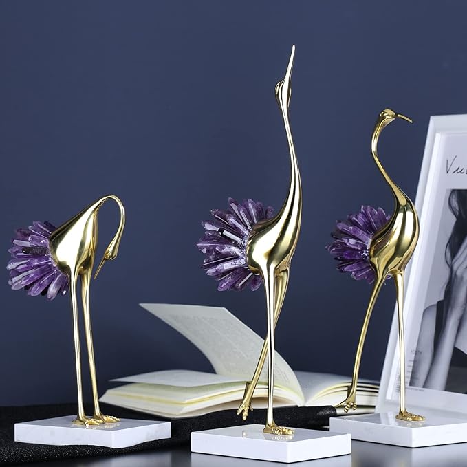 suruim Gold Decor Accents,Brass Birds Statues Gold Home Decor Modern Crystal Decor Ornaments for Living Room, Bedroom, Office Desktop, Cabinets (Purple C)
