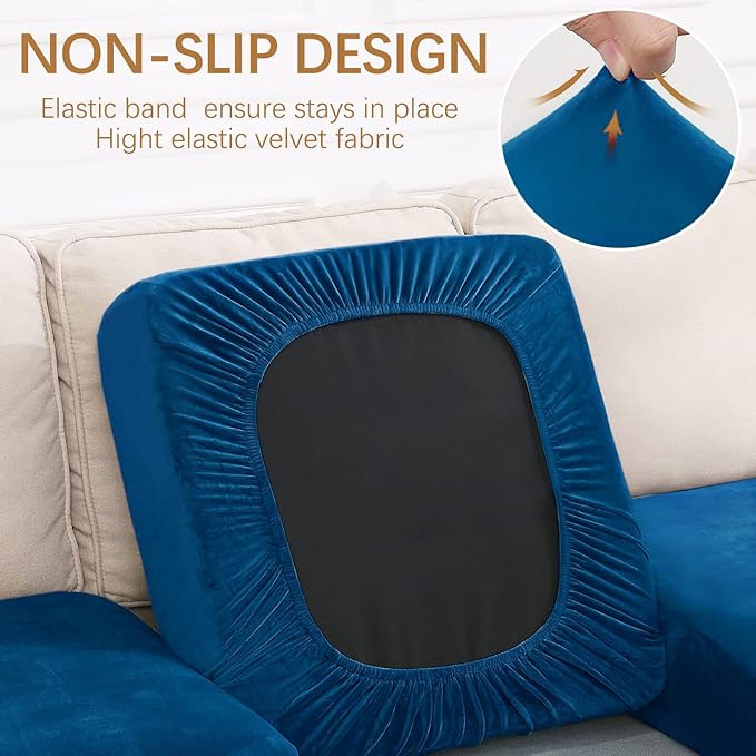 hyha Velvet Couch Cushion Covers, Soft Sofa Seat Covers for sectional 2 Cushion Couch Washable, Magic Sofa Slipcover with Elastic Bottom, Non-Slip Furniture Protector for Pets, Kid(2PC, Royal Blue)